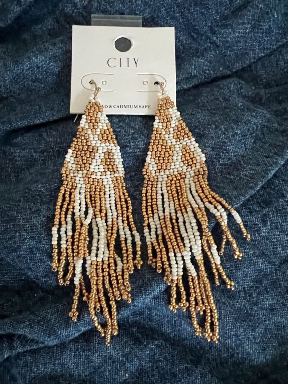 Gold and White Beaded Fringe Earrings - Women's Fashion Jewelry